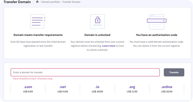 enter domain for transfer